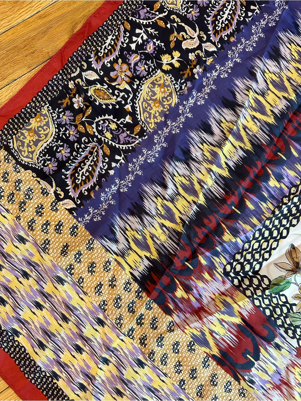 Johnny Was Betzy Printed Scarf 100% Silk 40" × 40"  Multi Mixed Print tassel
